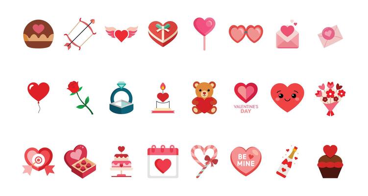 Valentine's Day Flat Color Elements on White Background
