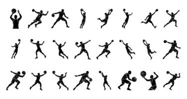 Dynamic Basketball Player Actions in Silhouette on White Background vector