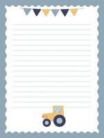 notebook page from the nursery with a cute yellow tractor vector