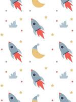 cute kids pattern with a rocket in space, stars and moon vector