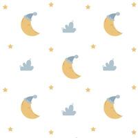 delicate children's pattern with a moon in a cap and stars on a white background vector
