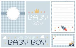 a set of elements with postcards, templates and a banner for a little boy in blue colors with a rocket, a crown and a tractor vector