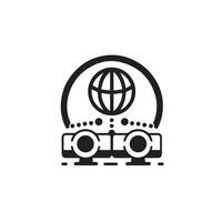A black and white logo of a camera with a globe vector