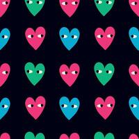 Valentine's day seamless pattern. Colored hearts with eyes on a black background. Modern illustration for your design vector