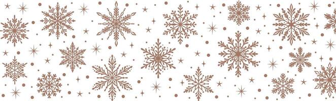 Mocha mousse brown snowflake border, warm neutral seamless repeating snow banner holiday illustration isolated vector