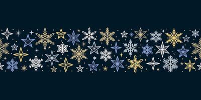 Retro snowflake and stars Christmas seamless repeating banner, border design on dark background vector