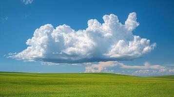 Large billowing white cloud floating majestically over vibrant green field image. Scenic cloudscape meadow photography scene wallpaper. Serene countryside concept photorealistic photo
