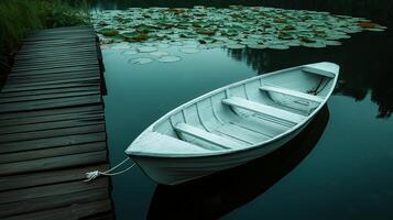 Lone white rowboat tethered to dark wooden dock image. Floating boat on still waters covered with lily pads photography scene wallpaper. Serene boating concept photorealistic photo