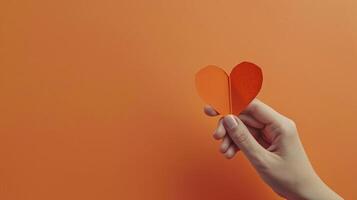 Female hand delicately holding folded orange paper heart image copy space. Artistic creation, heartfelt banner background. Creativity, warmth and affection concept photography copyspace photo