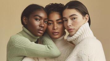 Three diverse women in warm turtleneck sweaters portrait image. Soft expressions and harmonious palette picture photorealistic photography. Female unity winter concept photo realistic