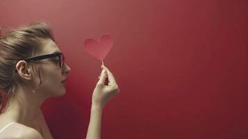 Glasses woman holding red paper heart on stick image copy space. Romantic gesture, emotional connection banner background. Love and self-expression concept photography copyspace photo