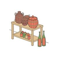 A wooden table with bottles and jars on it vector
