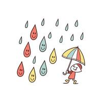 A cartoon character is walking under an umbrella with rain falling vector