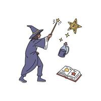A cartoon wizard with a wand and book vector