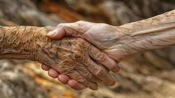 Two elderly hands shaking closeup image. Senior connection. Wrinkled skin handshake close up photography. Respect gesture. Wisdom, trust and friendship concept photo realistic