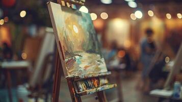 Unfinished painting on easel image. Abstract artwork illuminated by warm ambient lights in bustling art studio photography scene wallpaper. Creative process concept photorealistic photo