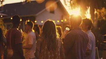 Sunset backyard gathering with string lights and friends image. Group of neighbors enjoying relaxed outdoor barbeque photography scene. Summer evening party concept photorealistic photo