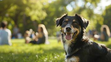 Playful dog sits on grass with joyful expression image. Australian shepherd mix. Park full of people and trees bathed in sunlight photography scene. Good boy concept photorealistic photo