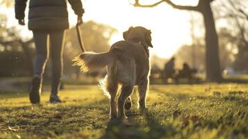 Golden retriever on leash walks alongside owner in sunlit park image. Dog walking photography scene wallpaper. Grassy field, outdoor pet. Good boy concept photorealistic photo