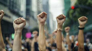 Multiple hands with clenched fists raised high during protest in urban image. Demanding change photography scene. Solidarity, resistance, collective strength concept photorealistic photo