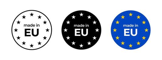 Made in EU label. EU quality icon. European Union product import badge. Made in EU round illustration. Circle stars blue sticker. Original euro product certificate. European Union import stamp. vector