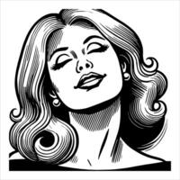 Retro Comic Woman in Black and White with a Happy Expression in Simple Line Art Style vector