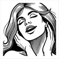 Monochrome Retro Comic Art of a Woman with Joyful Expression in Clean Line Style vector