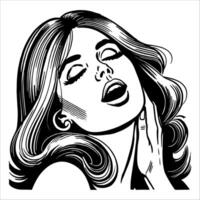 Retro Inspired Black and White Line Art of Woman Smiling with a Pleasurable Expression vector