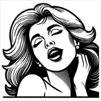 Comic Line Art Illustration of a Woman with Joyful Expression in Retro Black and White Style vector
