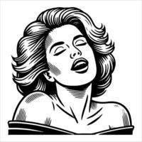 Monochrome Line Art of a Woman with a Joyful Expression in Retro Style vector