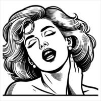 Woman Smiling in Retro Comic Style with Clean Black and White Line Art and Pleasured Expression vector