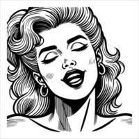 Woman with a Bright Expression of Joy in Retro Comic Line Art Style in Black and White vector
