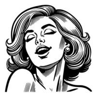 Retro-Inspired Black and White Line Art of a Woman with a Pleasant Expression of Joy vector
