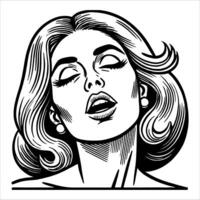 Retro Comic Woman with a Happy Expression in Minimalist Black and White Line Art vector