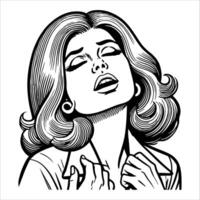 Retro-Inspired Line Art of a Woman with a Grinning Expression in Black and White vector