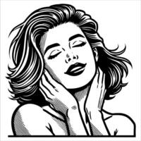 Black and White Clean Line Art of a Woman with a Pleasured Expression in Retro Comic Style vector