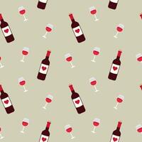 Bottles and glasses of wine with hearts on light background seamless pattern vector