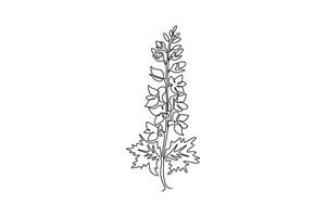 Single continuous line drawing beauty fresh larkspur for garden logo. Decorative of perennial delphinium concept for home wall decor art poster print. One line draw graphic design illustration vector