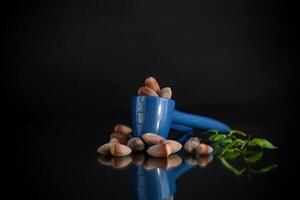 hazelnuts with nutcracker isolated on black background photo