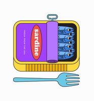 Sardine can with fork cartoon illustration vector