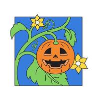 Stack of a happy pumpkin halloween with vines and yellow flower in cartoon mascot character retro illustration vector