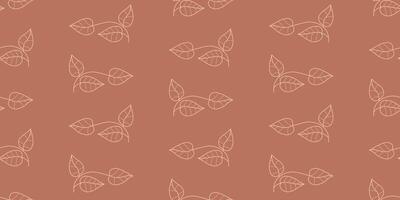 Seamless botanical Pattern on Brown Background. Elegant Linear leaves on mocha mousse backdrop. Horizontal Hand outline drawing. Minimal Design template vector