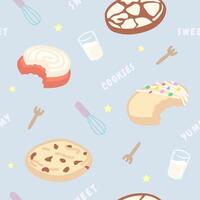 hand drawn cookies with milk pattern seamless design vector