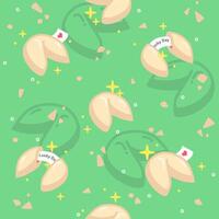 a seamless pattern of hand drawn fortune cookies in green background vector