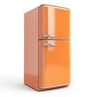 Retro-style orange refrigerator with chrome details on white background photo