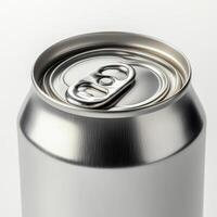 Close-up view of an unopened aluminum beverage can showcasing the pull tab mechanism photo