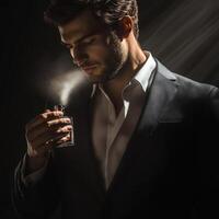 Stylish man applying fragrance in a dimly lit room with soft lighting during evening photo