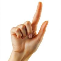Hand pointing upward gesture on white background photo