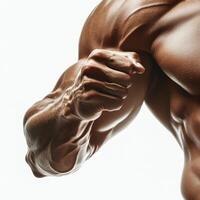 Muscular arm flexing showcasing strength and definition in a well-lit studio environment photo
