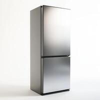 Modern stainless steel refrigerator showcased on a bright backdrop in a minimalist setting photo